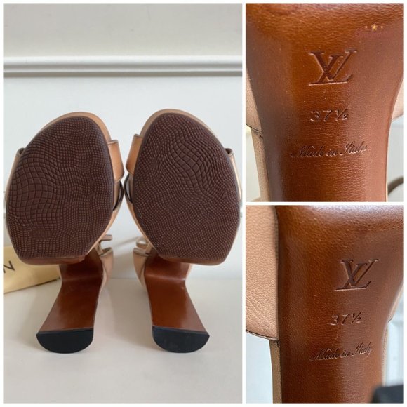 Authentic Louis Vuitton Nude Brown Distressed Leather Open Toe Platform Heel 7.5 - Picture 7 of 14
